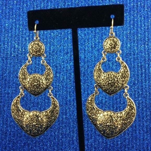 Long Triple Tier Dangle Goldtone Metal Earrings Bali-Inspired Design Statement - Picture 1 of 10